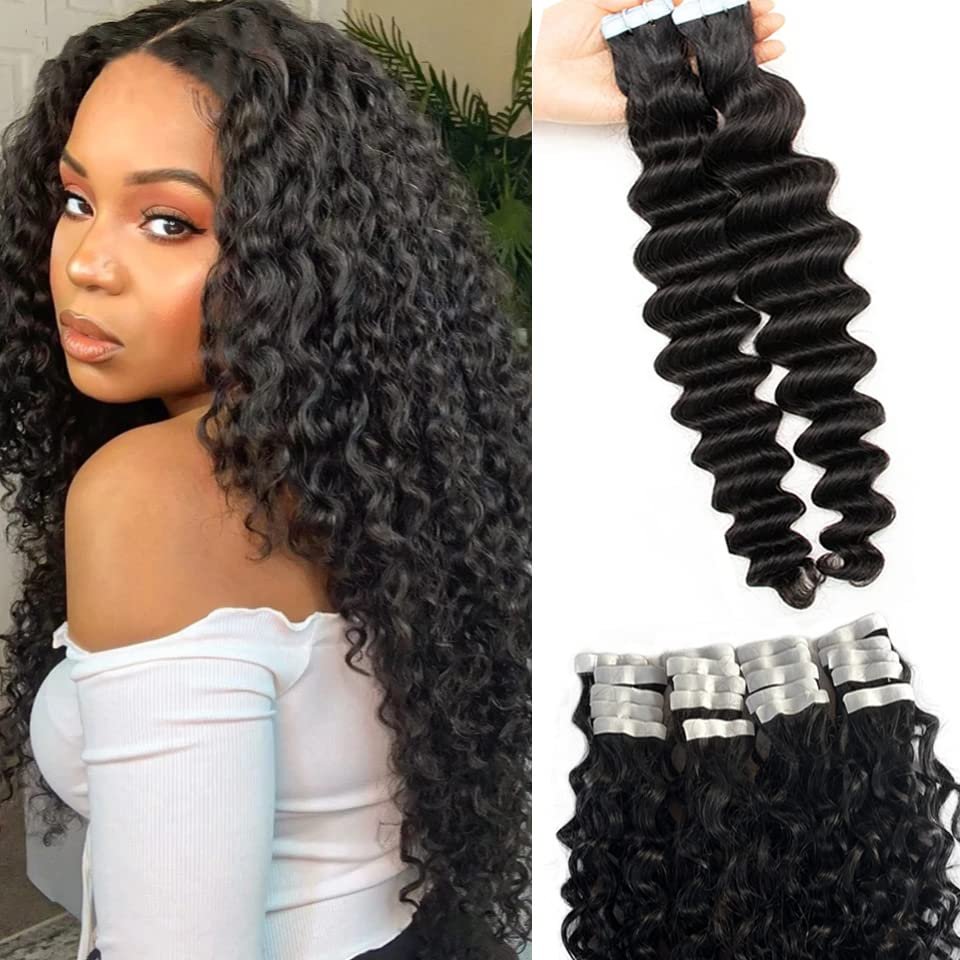 10A Deep Wave Tape Ins Human Hair Extension Natural Black